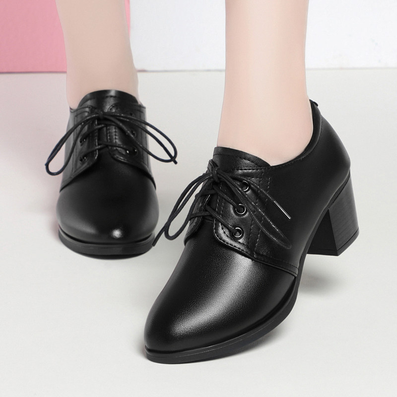 真皮单鞋女2024年春季新款中跟粗跟皮鞋休闲大码系带深口妈妈鞋子,淘宝优惠券,粉丝福利购,淘宝优惠卷