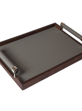 样板间售楼处洽谈区茶几托盘纸巾盒实木皮革客厅餐厅软装饰品摆件