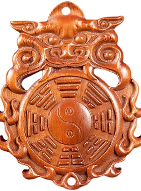 车载精雕图仿古虎头桃木门口八卦镜家用桃木铜钱兽头凸镜随身挂件