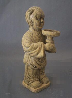 宋越窑金童玉女人物像烛台油灯陶瓷摆件展柜博古架收藏仿古老物件