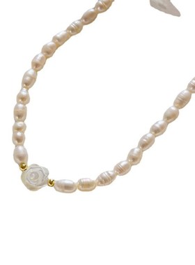 天然淡水珍珠颈链女夏项链 时尚白玫瑰吊坠设计感锁骨链 饰品