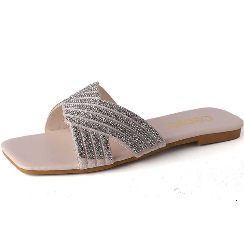 大码女鞋41一43法式水钻平底方头一字拖鞋女仙女风配裙子气质凉拖,淘宝优惠券,粉丝福利购,淘宝优惠卷