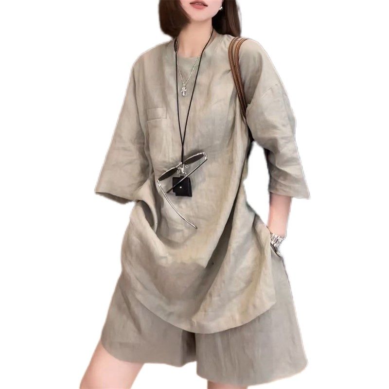 欧货大码短袖T恤棉麻套装女夏季宽松半袖上衣阔腿短裤亚麻两件套,淘宝优惠券,粉丝福利购,淘宝优惠卷