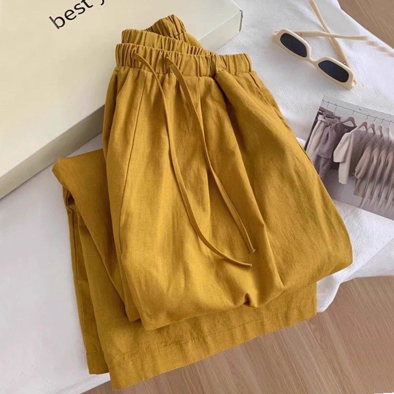 夏季2025新款小个子简约复古凉凉裤子老钱风姜黄色亚麻阔腿裤女潮,淘宝优惠券,粉丝福利购,淘宝优惠卷