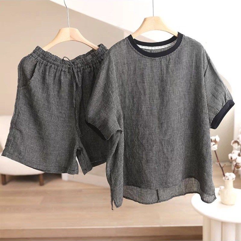 覆古亚麻格纹短袖T恤时尚套装女夏季薄款休闲 圆领上衣短裤两,淘宝优惠券,粉丝福利购,淘宝优惠卷