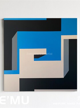简约现代高级感几何图案客厅玄关装饰挂画蓝黑色抽象建筑手绘油画