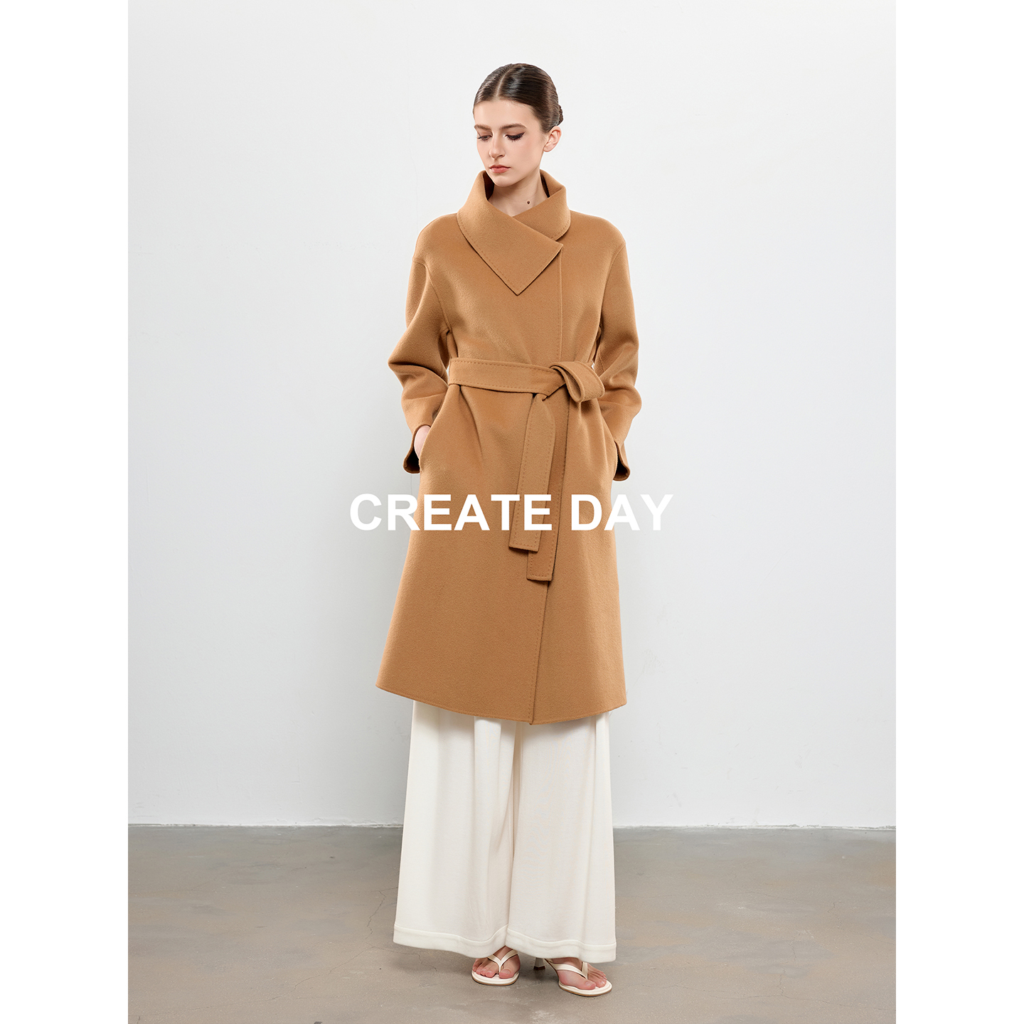 CREATE DAY GD30%山羊绒大衣女大马士革花苞领绵羊毛长款毛呢外套 - 图1