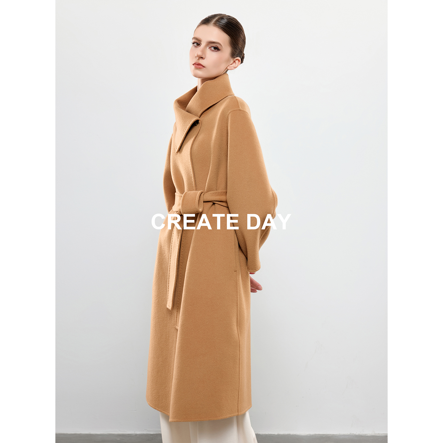 CREATE DAY GD30%山羊绒大衣女大马士革花苞领绵羊毛长款毛呢外套 - 图0