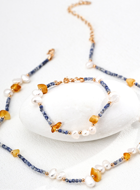 S925银时尚天然珍珠蓝点石密蜡手链