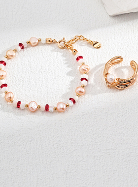 S925银时尚天然珍珠母贝红宝石手链