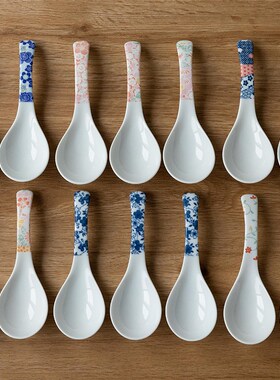 日本进口美浓烧粉樱花陶瓷汤勺日式餐勺复古青花汤匙调羹家用瓷勺
