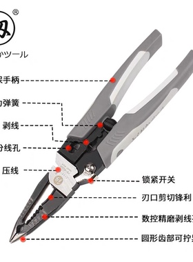 精品福冈釰牌多功能剥线钳电缆剪扒皮钳省力工业级尖嘴钳电工工具