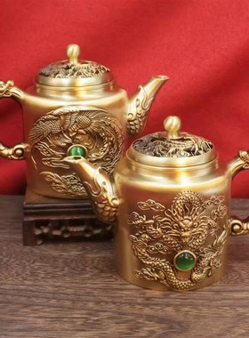 纯黄铜龙凤复古茶壶浮雕创意茶具家居办公会客桌面装饰摆件工艺品