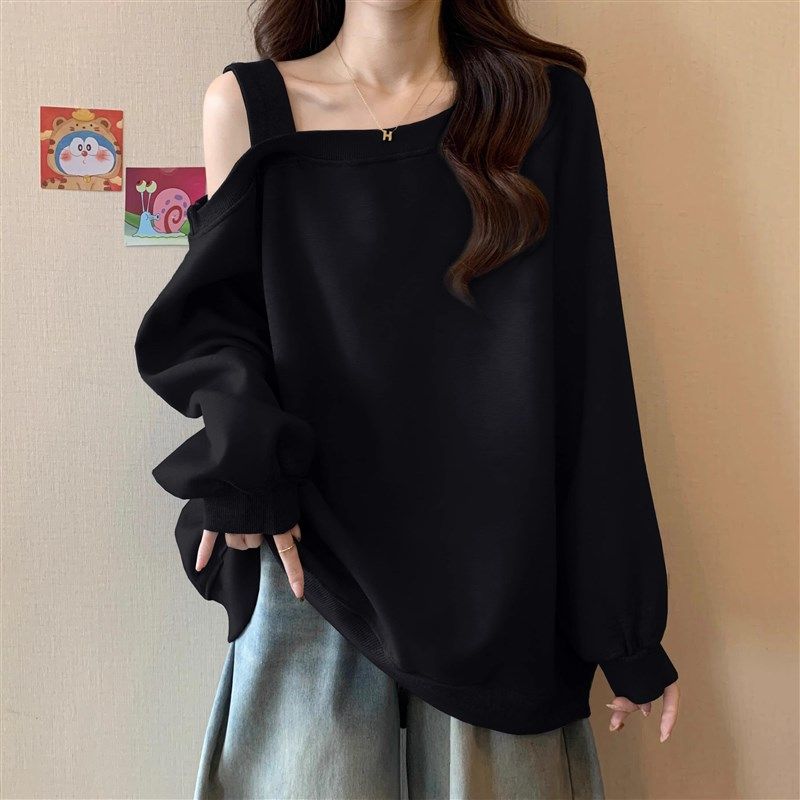 美式复古黑色斜肩卫衣女春秋新款大码洋气宽松慵懒风露肩长袖上衣,淘宝优惠券,粉丝福利购,淘宝优惠卷