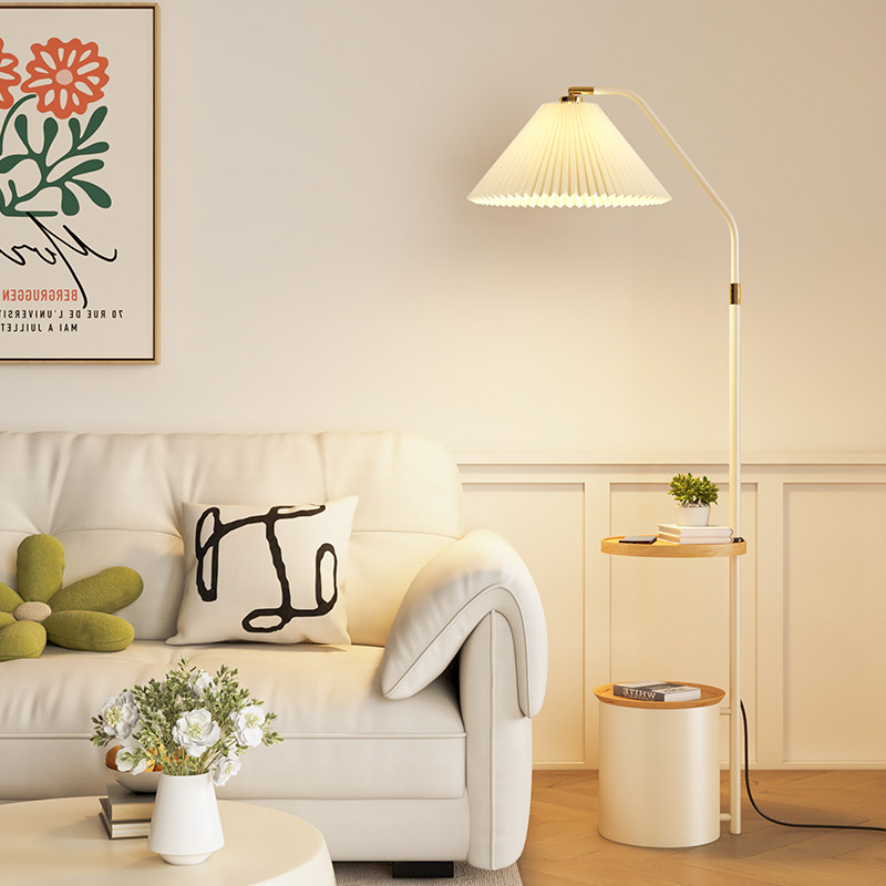 百褶落地灯卧室灯床头柜一体新款置物法式奶油风客厅沙发边几台灯,淘宝优惠券,粉丝福利购,淘宝优惠卷