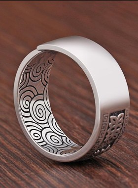 银戒指男士六字箴言999纯银复古活口可调节实心百搭潮男个性指环