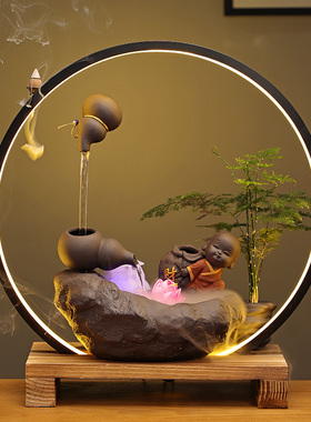 禅意中式流水器办公室桌面摆件灯圈悬空壶客厅玄关装饰品流水景观