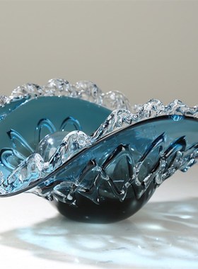 轻奢蓝色花瓣琉璃果盘糖果盘装饰盘样板房售楼处桌面茶几餐桌摆件