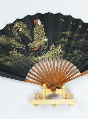 头青手绘金粉画多骨真丝黑绢扇 手绘真丝折扇 真丝工艺男扇子