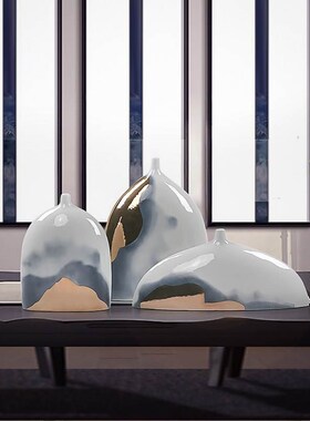禅意水墨画陶瓷罐三件套新中式家居饰品样板房玄关柜书架复古摆件