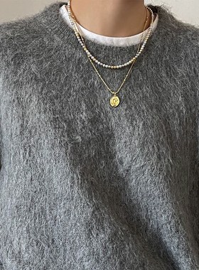 设计感多色串珠叠戴玫瑰花圆牌项链女气质百搭毛衣链