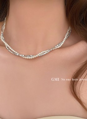 碎银子珍珠项链女夏2024新款缠绕双层叠戴颈链轻奢小众高级锁骨链