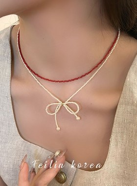 轻奢红色串珠项链女款2024新款小众复古气质高级感叠戴颈链锁骨链