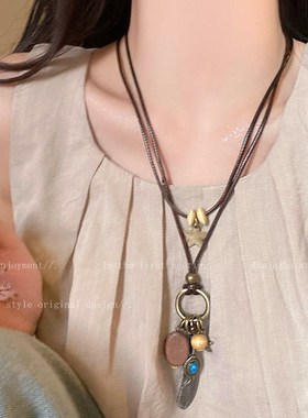 新中式长款羽毛卫衣链女秋冬美拉德复古民族风毛衣链叠戴小众项链