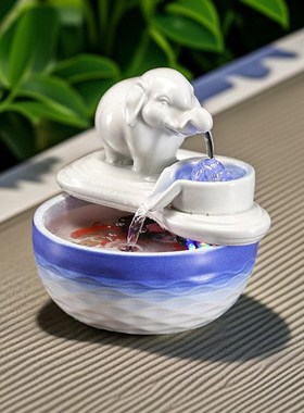 小号陶瓷大象流水摆件招财客厅循环水喷泉L中式禅意茶台桌面装饰