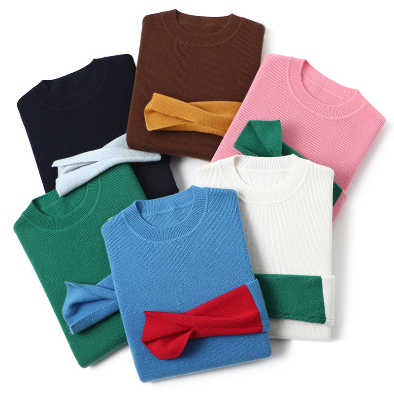 演绎不凡品味~拼色圆领弹力坑条羊绒衫女纯羊绒毛衣针织衫打底衫,淘宝优惠券,粉丝福利购,淘宝优惠卷