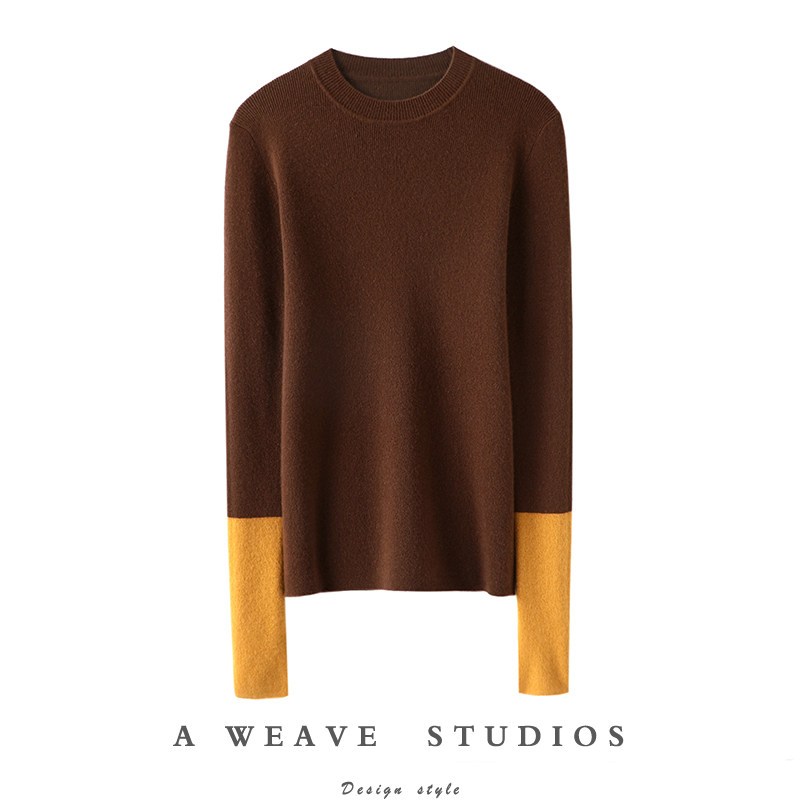 演绎不凡品味~拼色圆领弹力坑条羊绒衫女纯羊绒毛衣针织衫打底衫,淘宝优惠券,粉丝福利购,淘宝优惠卷