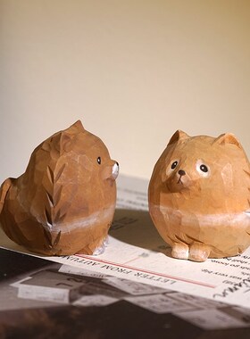 圆滚滚的博美犬手工木雕小摆件卡通可爱动物狗桌面装饰品礼物