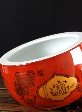 景德镇陶瓷红色聚宝盆结婚用礼物摆件招财客厅大号红盆瓷器存钱罐