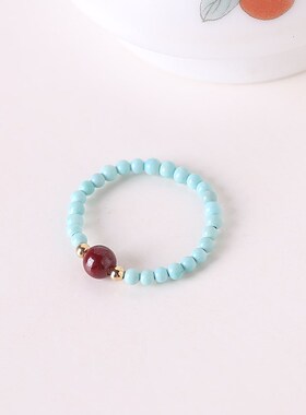 天然原矿绿松石戒指女偏财旺财运粗胖手大号食指旺财运新中式朱砂