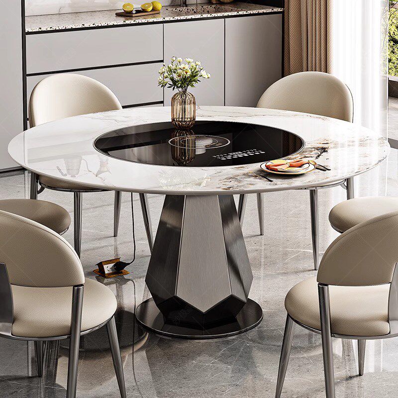 岩板餐桌家用轻奢多功能内嵌转盘暖菜板电磁炉一体圆形餐桌椅组合,淘宝优惠券,粉丝福利购,淘宝优惠卷