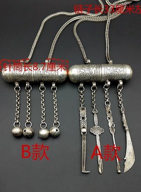 民族风手工苗银仿古做旧仿老银雕花针筒毛衣链旗袍棉麻百搭配饰品