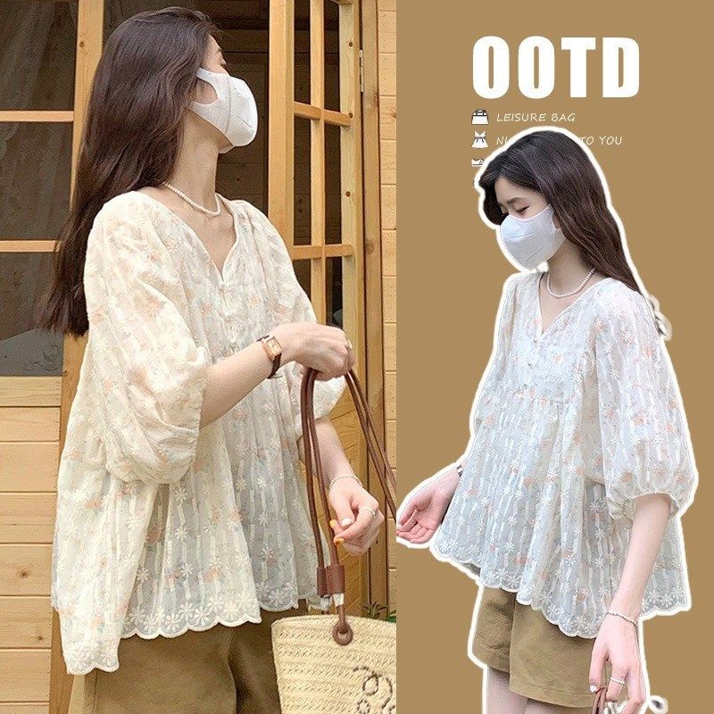 花色泡泡袖衬衣吊带内搭上衣碎花小个子两件套孕妇托腹短裤套装夏,淘宝优惠券,粉丝福利购,淘宝优惠卷