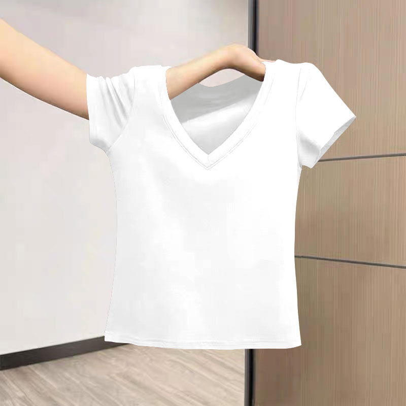 夏季100纯棉T恤女士短袖韩版宽松爆款潮流百搭休闲洋气v领上衣女 - 图3