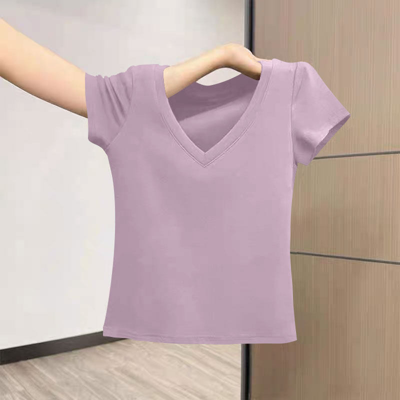夏季100纯棉T恤女士短袖韩版宽松爆款潮流百搭休闲洋气v领上衣女 - 图2