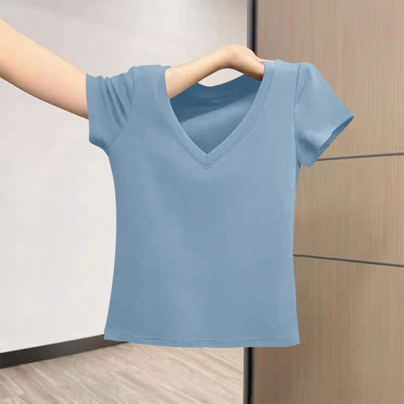 夏季100纯棉T恤女士短袖韩版宽松爆款潮流百搭休闲洋气v领上衣女 - 图1