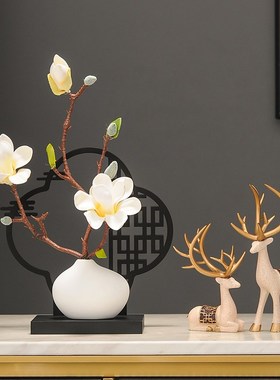 中式仿真海棠花盆景屏风摆件客厅装饰品玄关电视柜酒柜办公室景观