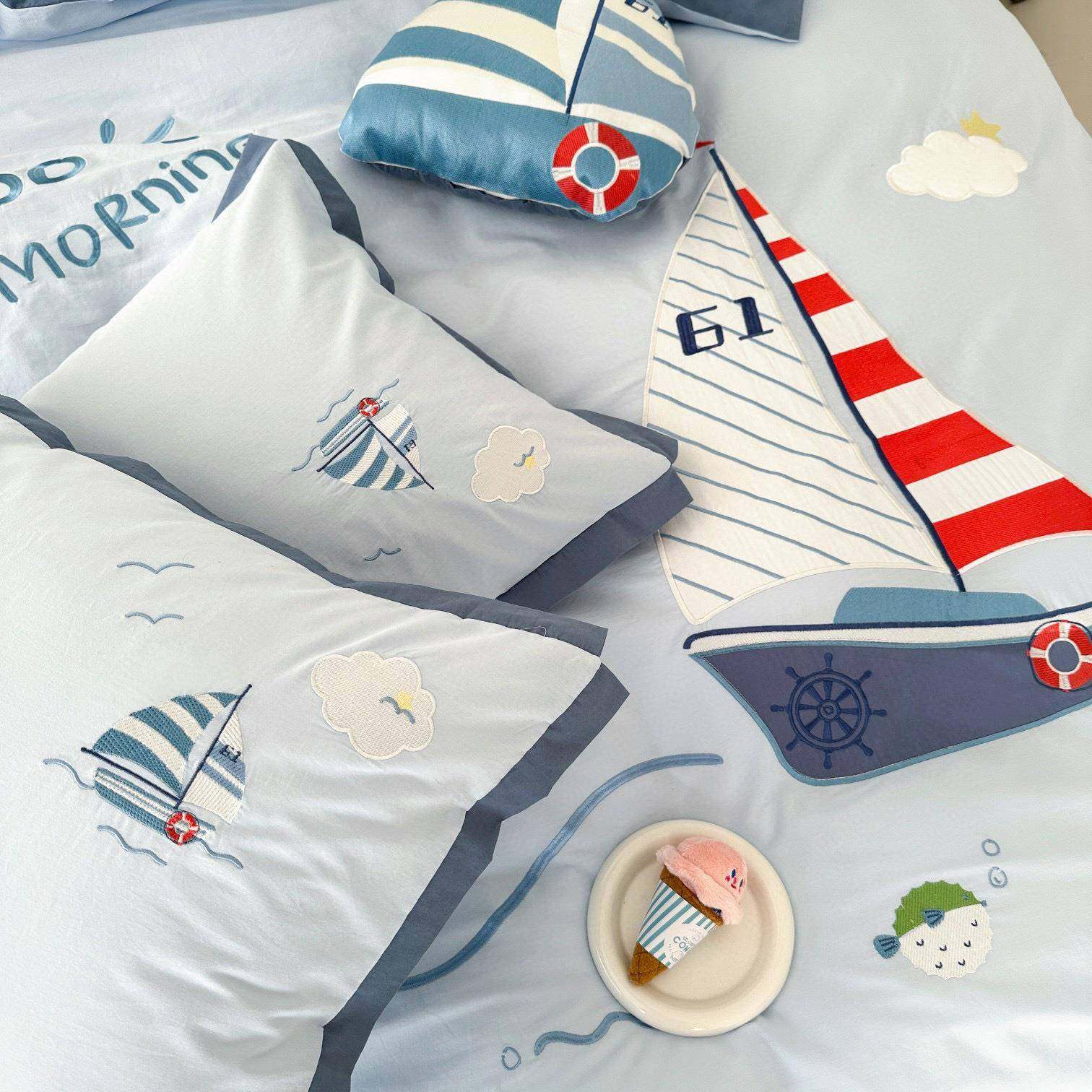 刺绣水洗棉刺绣四件套儿童卡通全棉床单被套男孩女孩纯棉帆船床品,淘宝优惠券,粉丝福利购,淘宝优惠卷