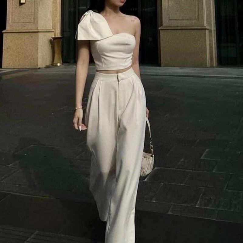2024夏季新款时尚气质名媛风性感露肩上衣高腰阔腿裤两件套装女,淘宝优惠券,粉丝福利购,淘宝优惠卷