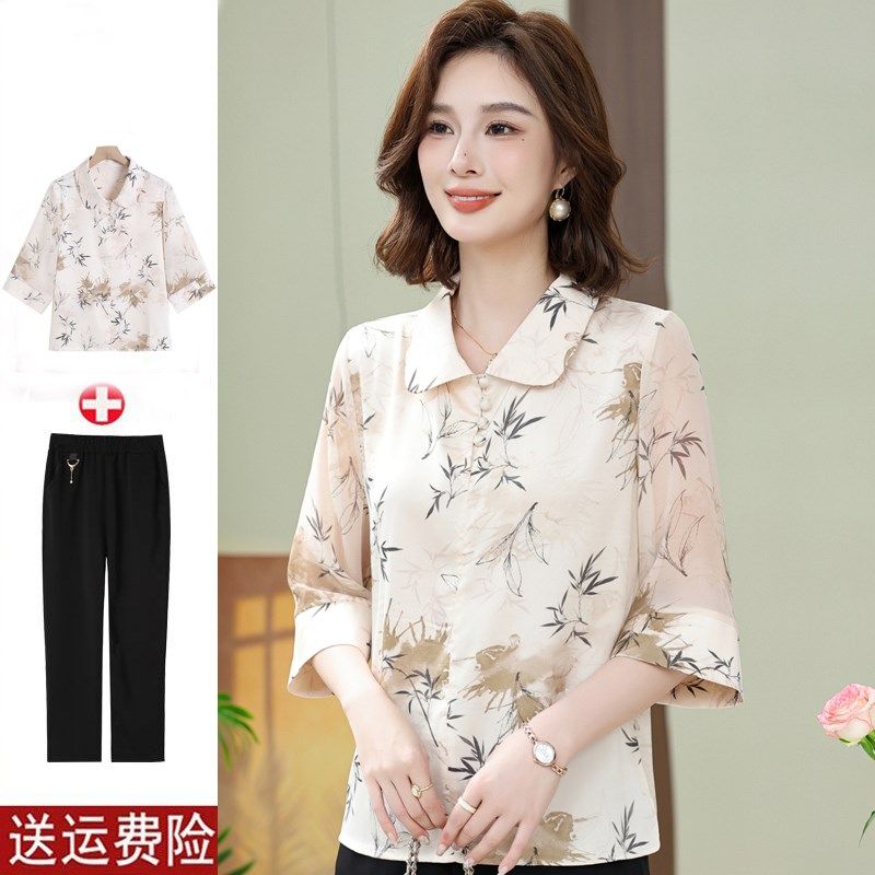 中年妈妈夏装七分袖上衣洋气套装40岁50中老年女装春秋款雪纺衬衫,淘宝优惠券,粉丝福利购,淘宝优惠卷