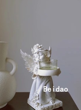 复古做旧翅膀天使手托烛台聚会餐厅客厅浪漫气氛装饰摆件