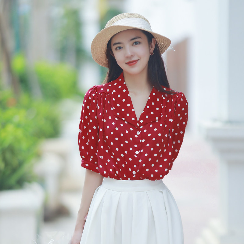 复古港风红色波点短袖上衣雪纺衬衫宽松大码白色半身裙套装裙女夏,淘宝优惠券,粉丝福利购,淘宝优惠卷
