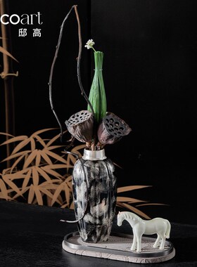 中式茶空间深夜小茶馆氛围布置水墨银色陶瓷大花瓶插花装饰品摆件