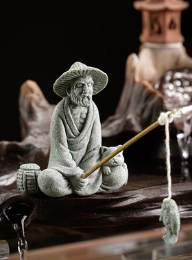 创意钓鱼翁茶宠摆件中式禅意老者钓鱼香插鱼缸盆栽造景桌面装饰品