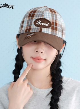 酷乐潮玩格纹复古做旧棒球帽小熊Y2K萌妹穿搭帽子女夏鸭舌帽潮流