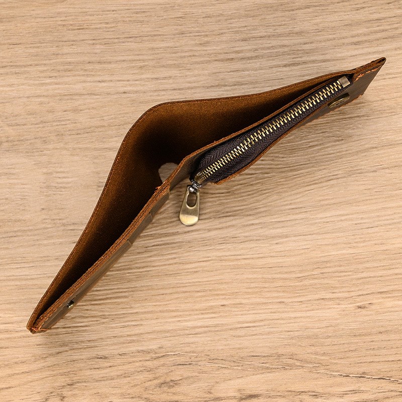 男士复古真皮短款钱包带拉链零钱包头层牛M皮多卡位疯马皮二折钱 - 图1